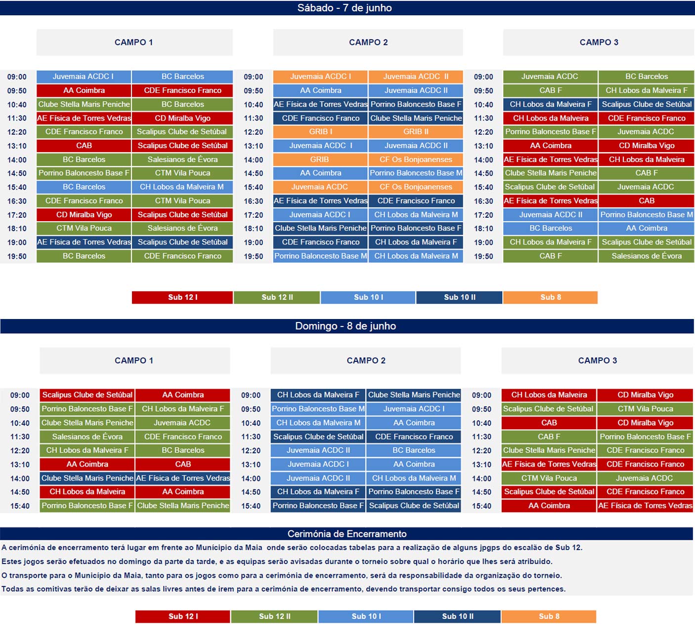 calendário II Torneio Internacional de Minibasquete Maia Cidade do Desporto